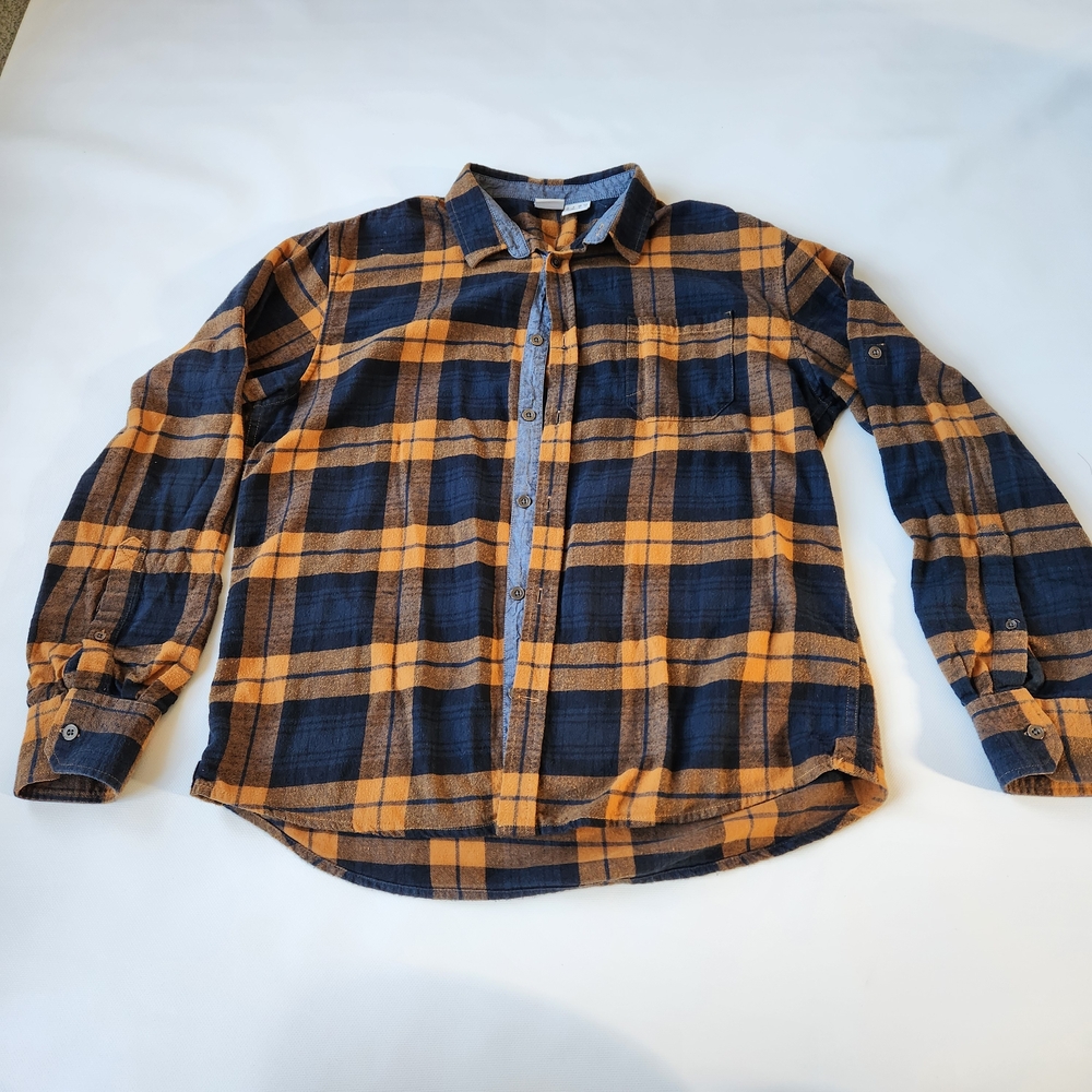 Mens Plaid Flannel Shirt Button Down Collared Shirt Blue Orange Size XL